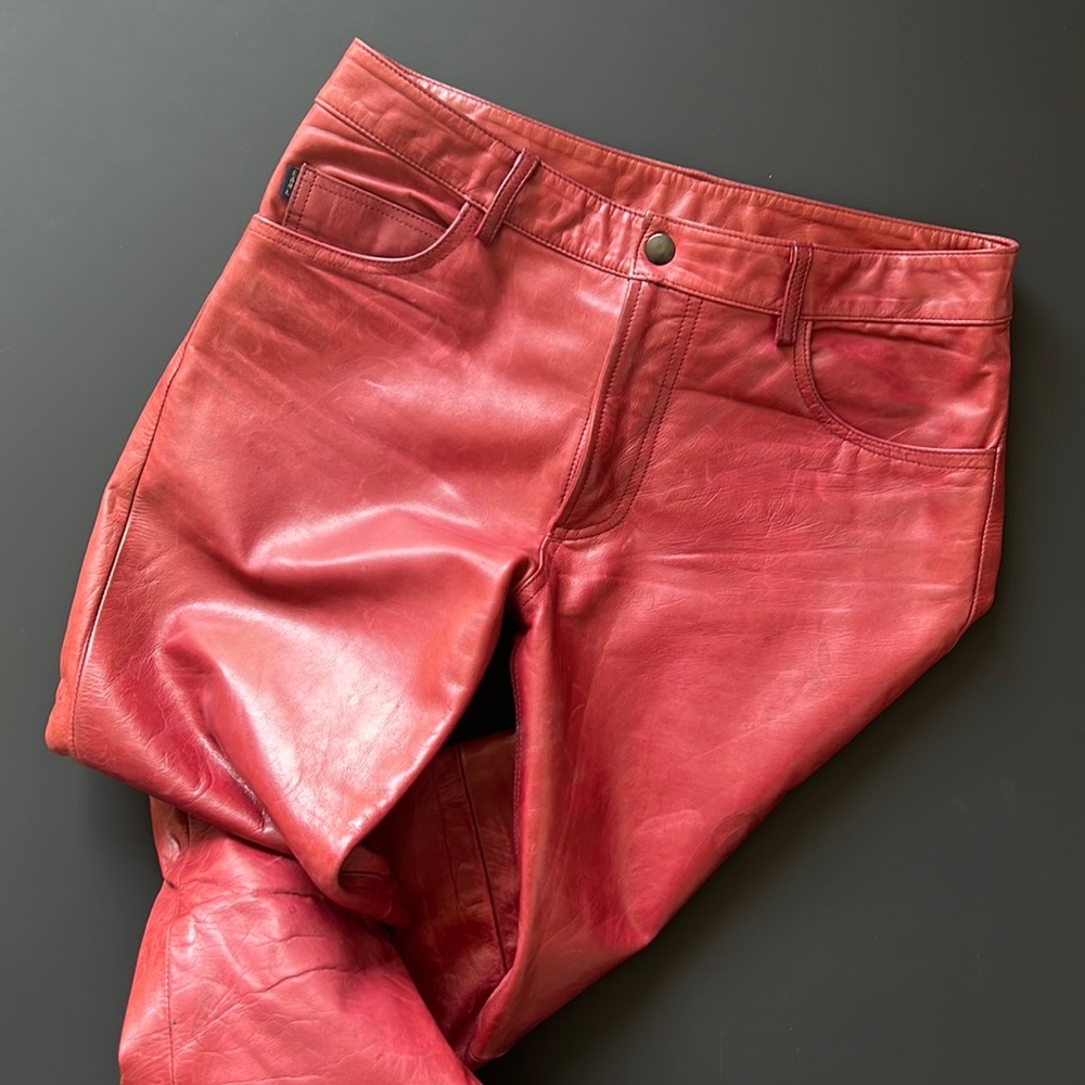 1999 Vintage Deep Red 100% leather pants |boot cut